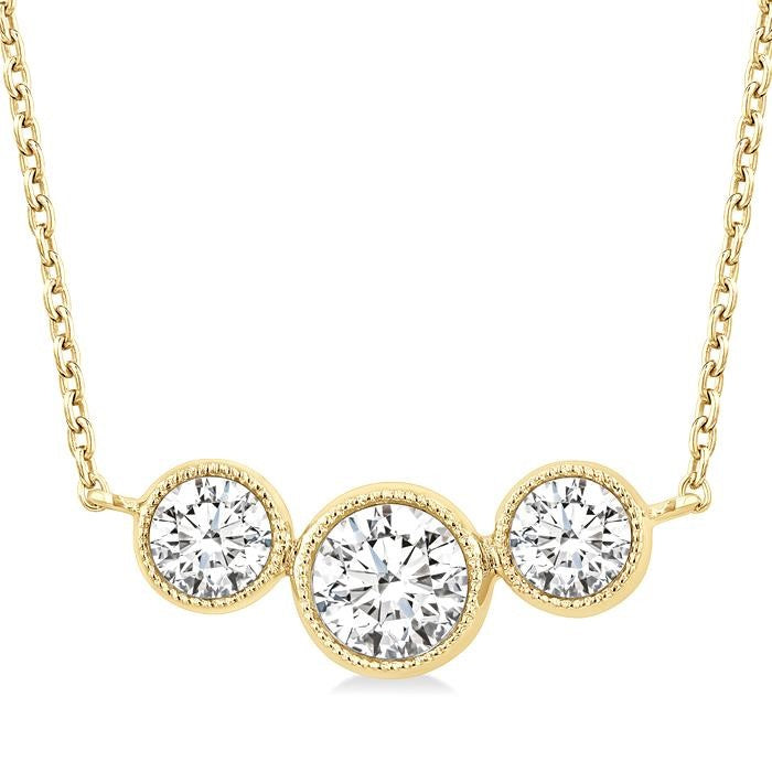 1 Ctw Past, Present & Future 3-Stone Bezel Set Round Cut Diamond Necklace in 14K Yellow Gold