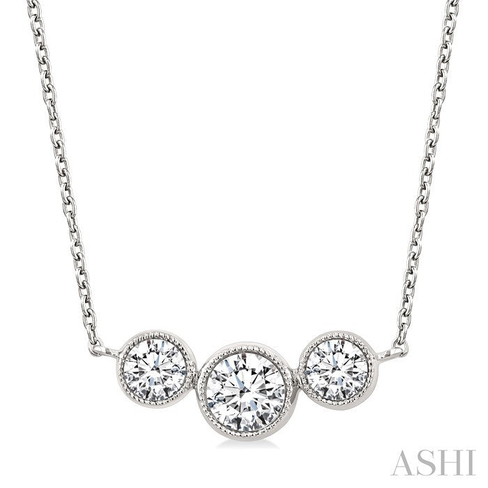 1 Ctw Past, Present & Future 3-Stone Bezel Set Round Cut Diamond Necklace in 14K White Gold