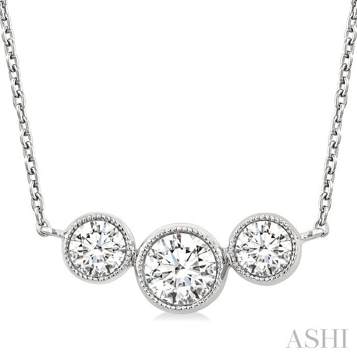 1 Ctw Past, Present & Future 3-Stone Bezel Set Round Cut Diamond Necklace in 14K White Gold