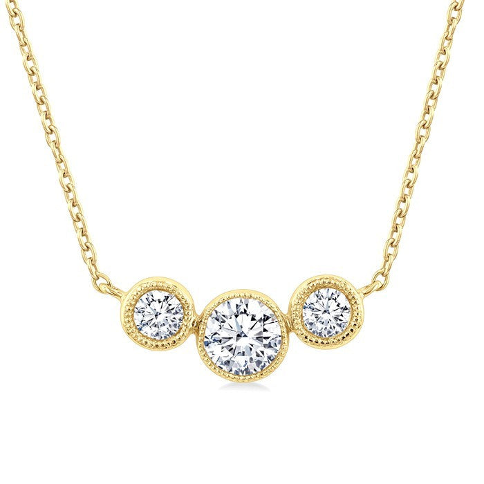 1/2 Ctw Past, Present & Future 3-Stone Bezel Set Round Cut Diamond Necklace in 14K Yellow Gold
