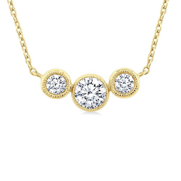 1/2 Ctw Past, Present & Future 3-Stone Bezel Set Round Cut Diamond Necklace in 14K Yellow Gold