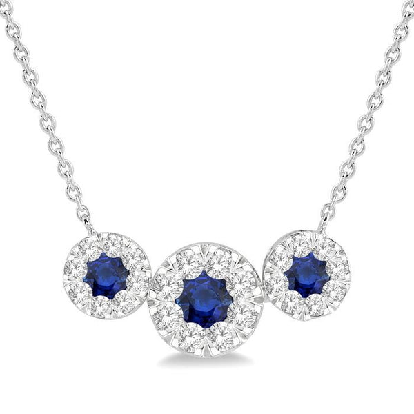 3.8 MM & 3 MM Sapphire and 5/8 Ctw Round Cut Diamond Past Present & Future Precious Necklace in 14K White Gold