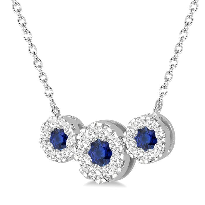 3.8 MM & 3 MM Sapphire and 5/8 Ctw Round Cut Diamond Past Present & Future Precious Necklace in 14K White Gold