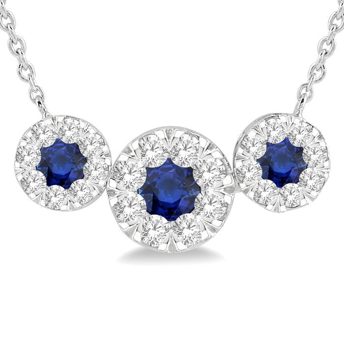 3.8 MM & 3 MM Sapphire and 5/8 Ctw Round Cut Diamond Past Present & Future Precious Necklace in 14K White Gold