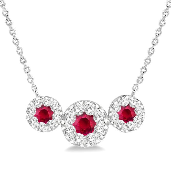3.8 MM & 3 MM Ruby and 5/8 Ctw Round Cut Diamond Past Present & Future Precious Necklace in 14K White Gold