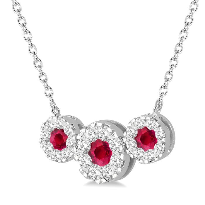 3.8 MM & 3 MM Ruby and 5/8 Ctw Round Cut Diamond Past Present & Future Precious Necklace in 14K White Gold