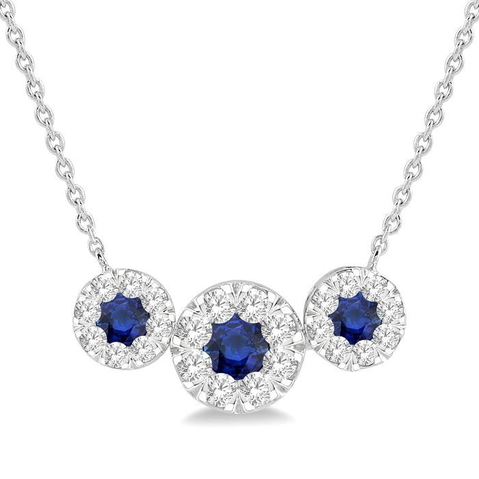3.8 MM & 3 MM Sapphire and 5/8 Ctw Round Cut Diamond Past Present & Future Precious Necklace in 14K White Gold