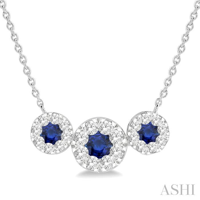 3.8 MM & 3 MM Sapphire and 5/8 Ctw Round Cut Diamond Past Present & Future Precious Necklace in 14K White Gold