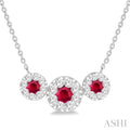 3.8 MM & 3 MM Ruby and 5/8 Ctw Round Cut Diamond Past Present & Future Precious Necklace in 14K White Gold
