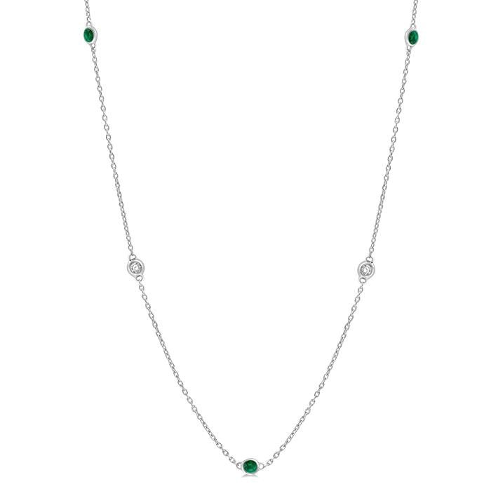 1.75 MM Emerald and 1/6 Ctw Round Cut Diamond Precious Station Necklace in 14K White Gold
