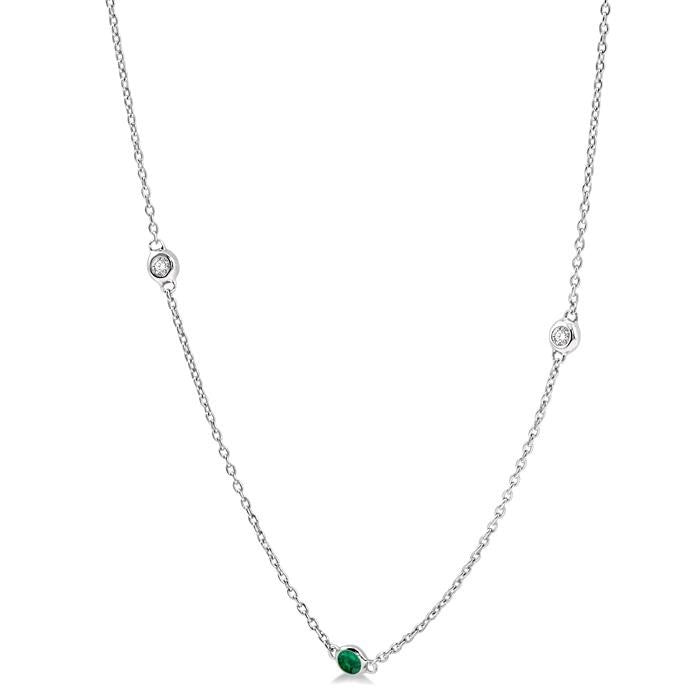 1.75 MM Emerald and 1/6 Ctw Round Cut Diamond Precious Station Necklace in 14K White Gold