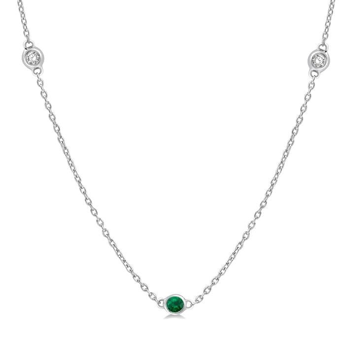 1.75 MM Emerald and 1/6 Ctw Round Cut Diamond Precious Station Necklace in 14K White Gold