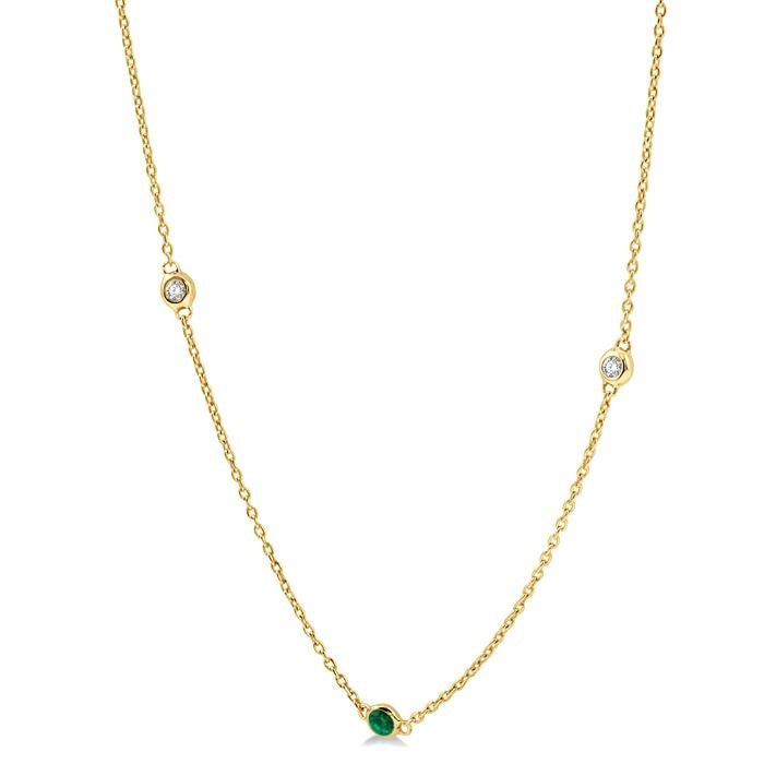 1.75 MM Emerald and 1/6 Ctw Round Cut Diamond Precious Station Necklace in 14K Yellow Gold
