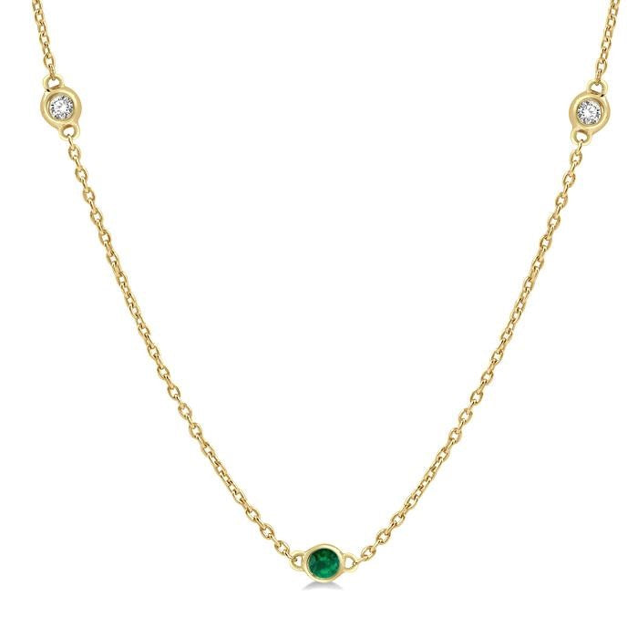 1.75 MM Emerald and 1/6 Ctw Round Cut Diamond Precious Station Necklace in 14K Yellow Gold