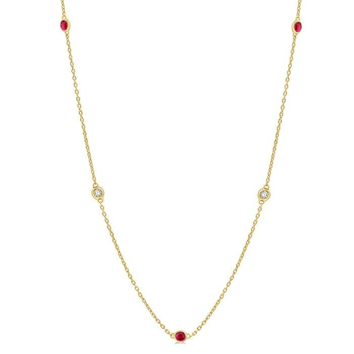 1.75 MM Ruby and 1/6 Ctw Round Cut Diamond Precious Station Necklace in 14K Yellow Gold