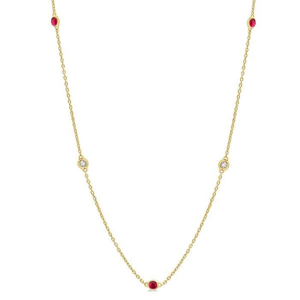 1.75 MM Ruby and 1/6 Ctw Round Cut Diamond Precious Station Necklace in 14K Yellow Gold