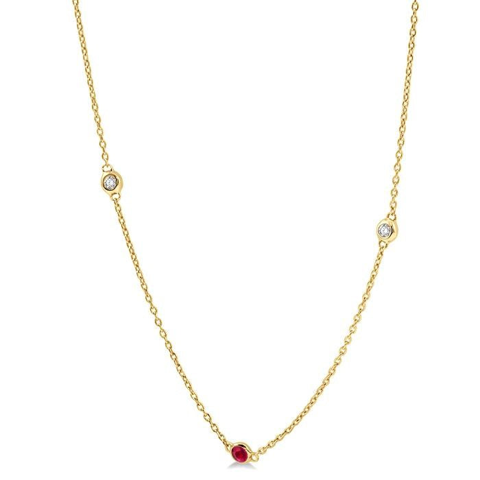 1.75 MM Ruby and 1/6 Ctw Round Cut Diamond Precious Station Necklace in 14K Yellow Gold
