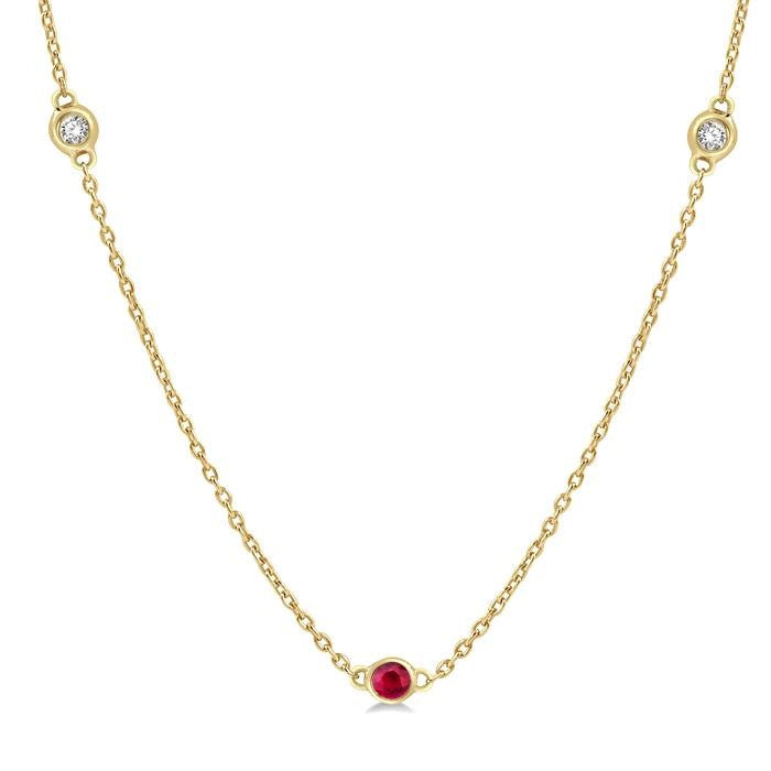 1.75 MM Ruby and 1/6 Ctw Round Cut Diamond Precious Station Necklace in 14K Yellow Gold