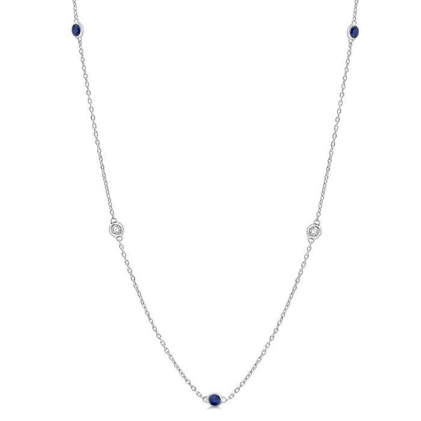 1.75 MM Sapphire and 1/6 Ctw Round Cut Diamond Precious Station Necklace in 14K White Gold