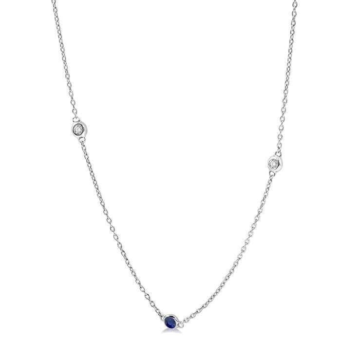 1.75 MM Sapphire and 1/6 Ctw Round Cut Diamond Precious Station Necklace in 14K White Gold