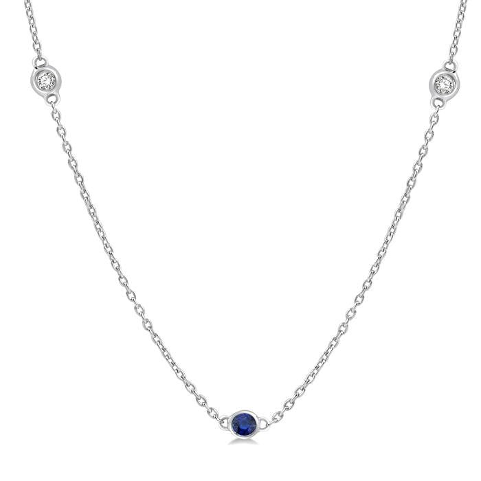 1.75 MM Sapphire and 1/6 Ctw Round Cut Diamond Precious Station Necklace in 14K White Gold
