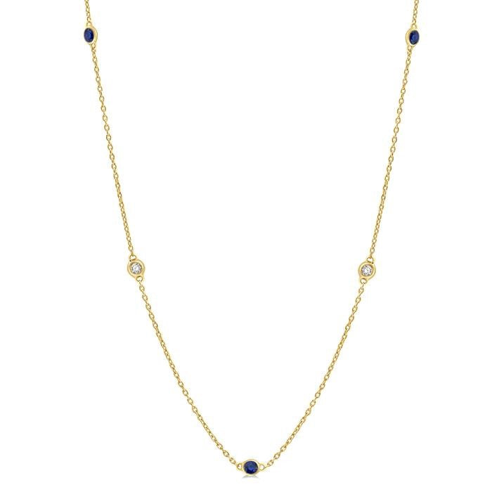 1.75 MM Sapphire and 1/6 Ctw Round Cut Diamond Precious Station Necklace in 14K Yellow Gold