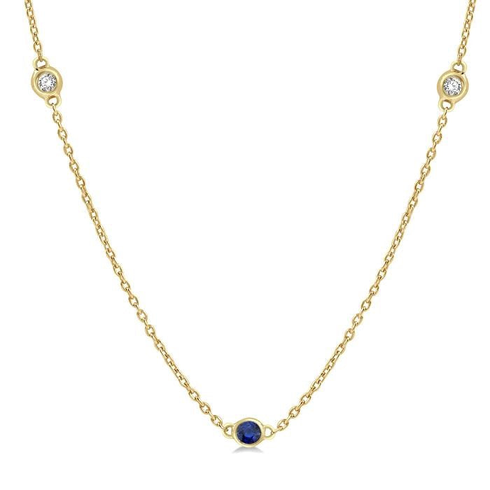 1.75 MM Sapphire and 1/6 Ctw Round Cut Diamond Precious Station Necklace in 14K Yellow Gold