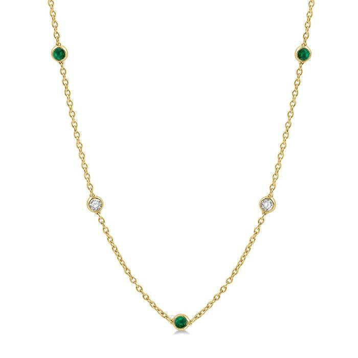 2.85 MM Emerald and 1/2 Ctw Round Cut Diamond Precious Station Necklace in 14K Yellow Gold