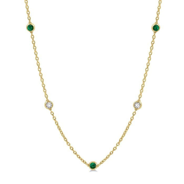 2.85 MM Emerald and 1/2 Ctw Round Cut Diamond Precious Station Necklace in 14K Yellow Gold