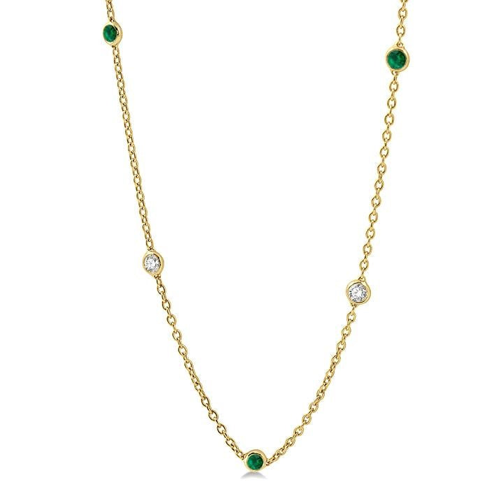 2.85 MM Emerald and 1/2 Ctw Round Cut Diamond Precious Station Necklace in 14K Yellow Gold