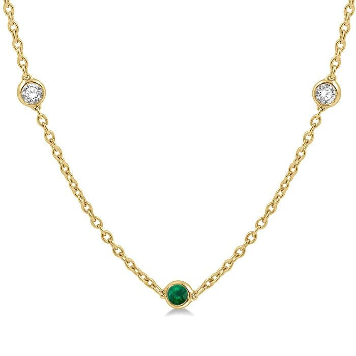 2.85 MM Emerald and 1/2 Ctw Round Cut Diamond Precious Station Necklace in 14K Yellow Gold