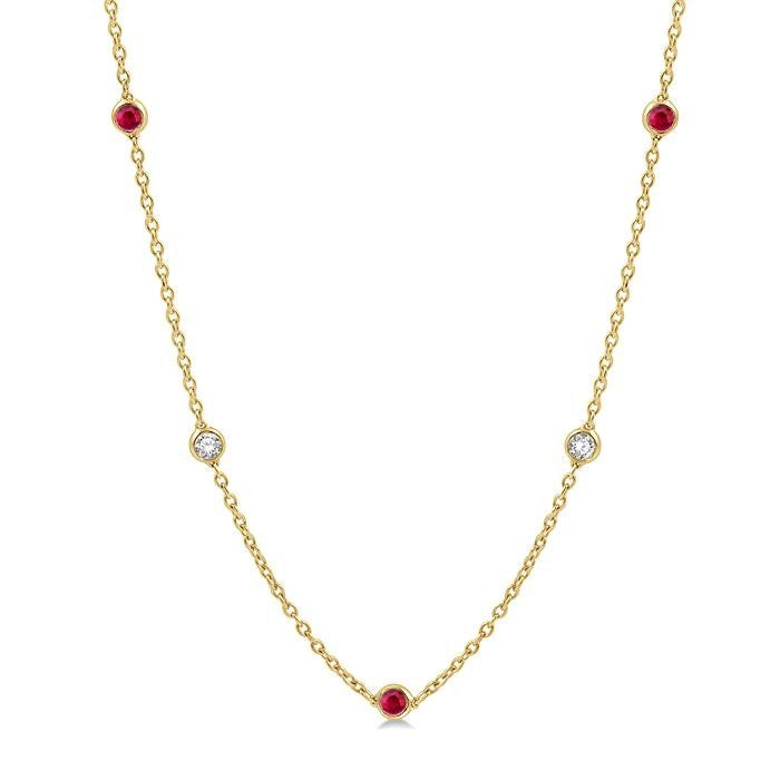 2.85 MM Ruby and 1/2 Ctw Round Cut Diamond Precious Station Necklace in 14K Yellow Gold