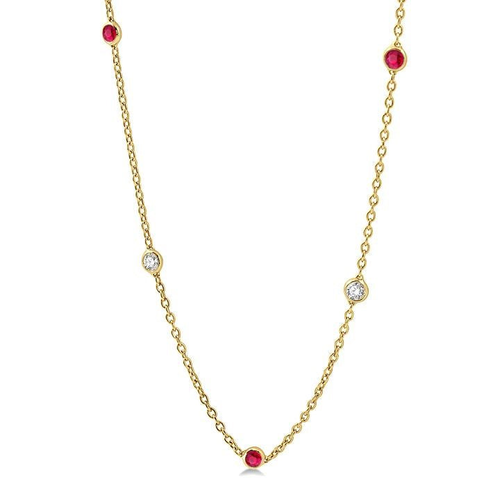 2.85 MM Ruby and 1/2 Ctw Round Cut Diamond Precious Station Necklace in 14K Yellow Gold