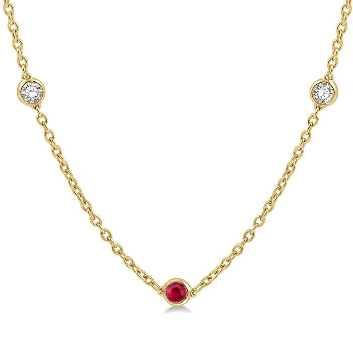 2.85 MM Ruby and 1/2 Ctw Round Cut Diamond Precious Station Necklace in 14K Yellow Gold