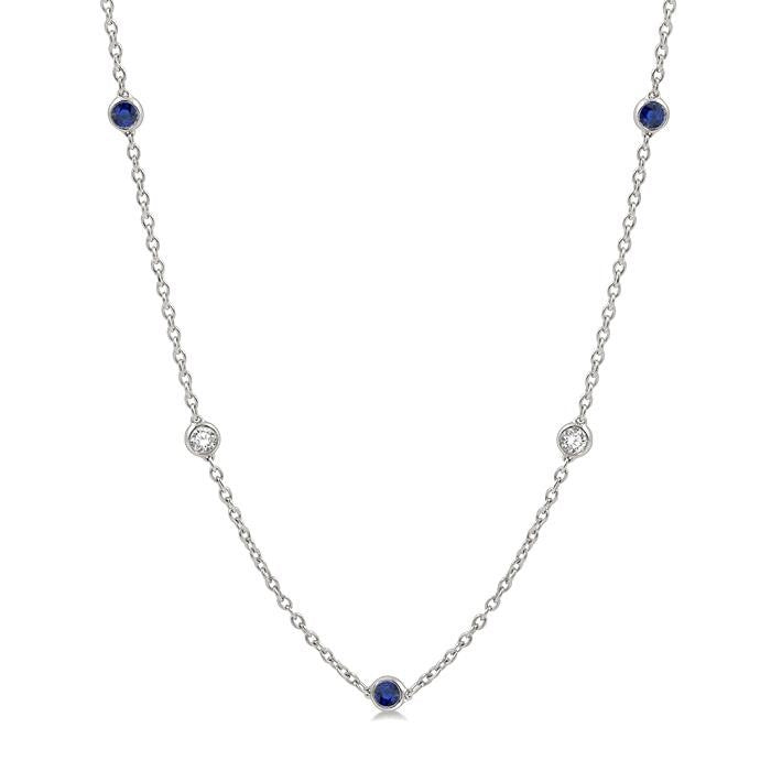 2.85 MM Sapphire and 1/2 Ctw Round Cut Diamond Precious Station Necklace in 14K White Gold