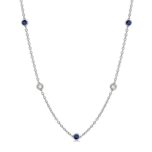 2.85 MM Sapphire and 1/2 Ctw Round Cut Diamond Precious Station Necklace in 14K White Gold