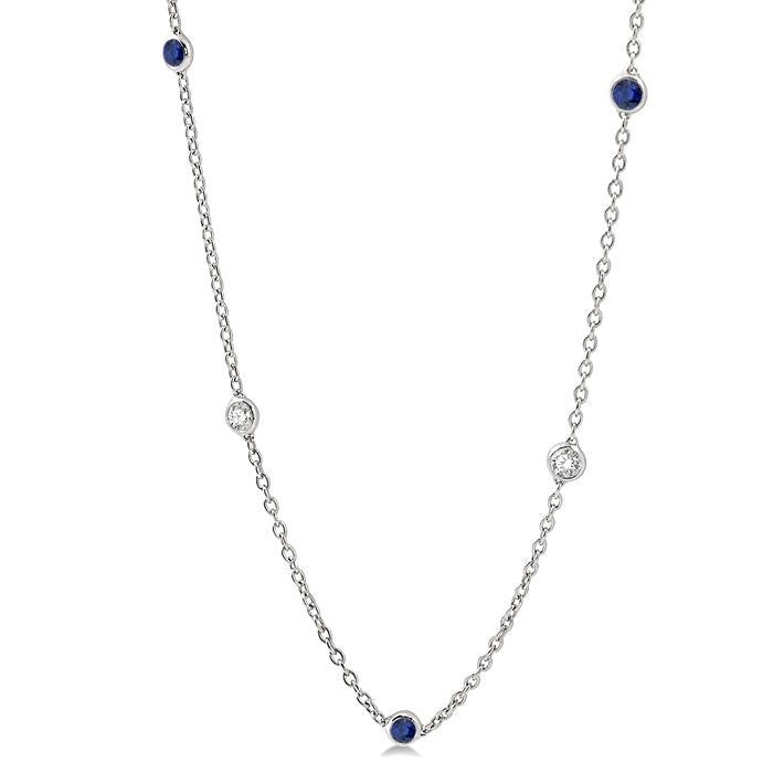 2.85 MM Sapphire and 1/2 Ctw Round Cut Diamond Precious Station Necklace in 14K White Gold