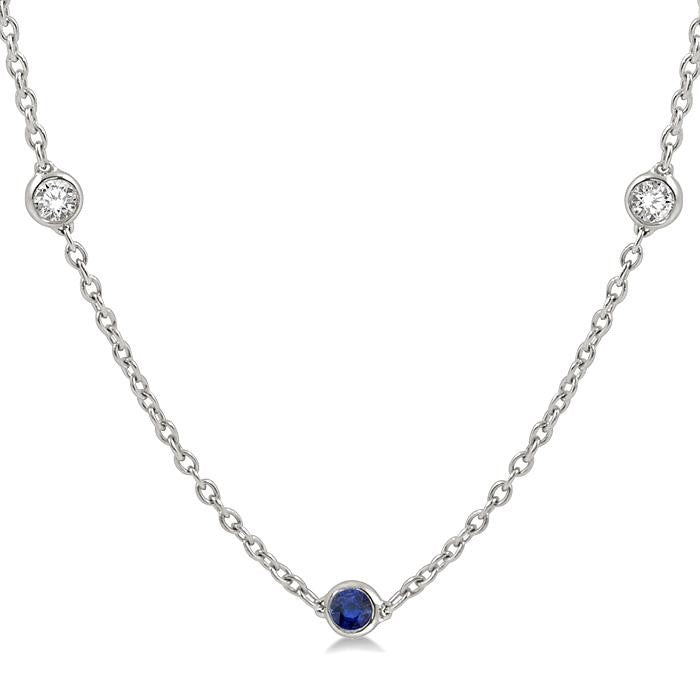 2.85 MM Sapphire and 1/2 Ctw Round Cut Diamond Precious Station Necklace in 14K White Gold