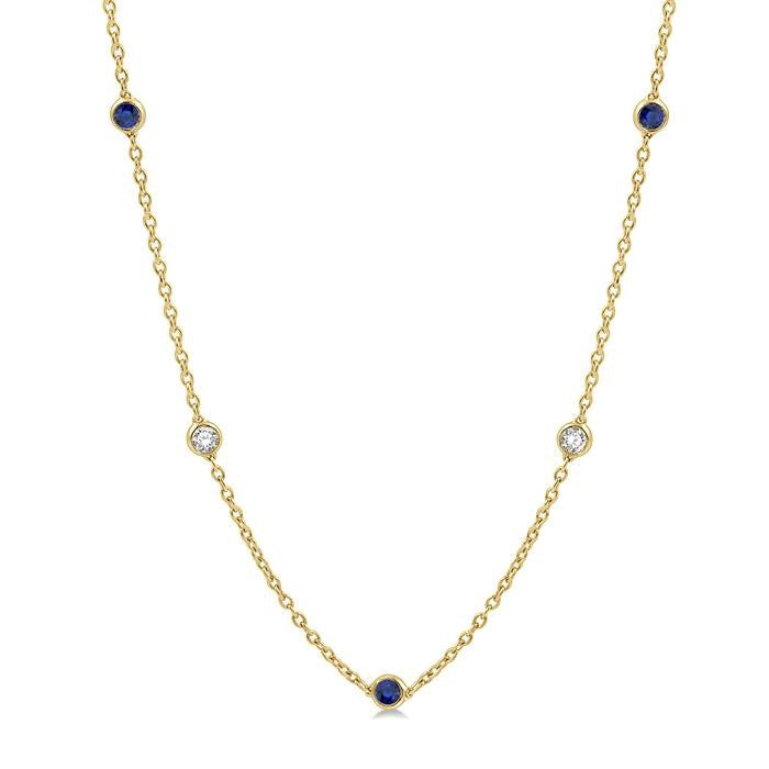 2.85 MM Sapphire and 1/2 Ctw Round Cut Diamond Precious Station Necklace in 14K Yellow Gold