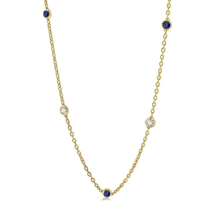 2.85 MM Sapphire and 1/2 Ctw Round Cut Diamond Precious Station Necklace in 14K Yellow Gold