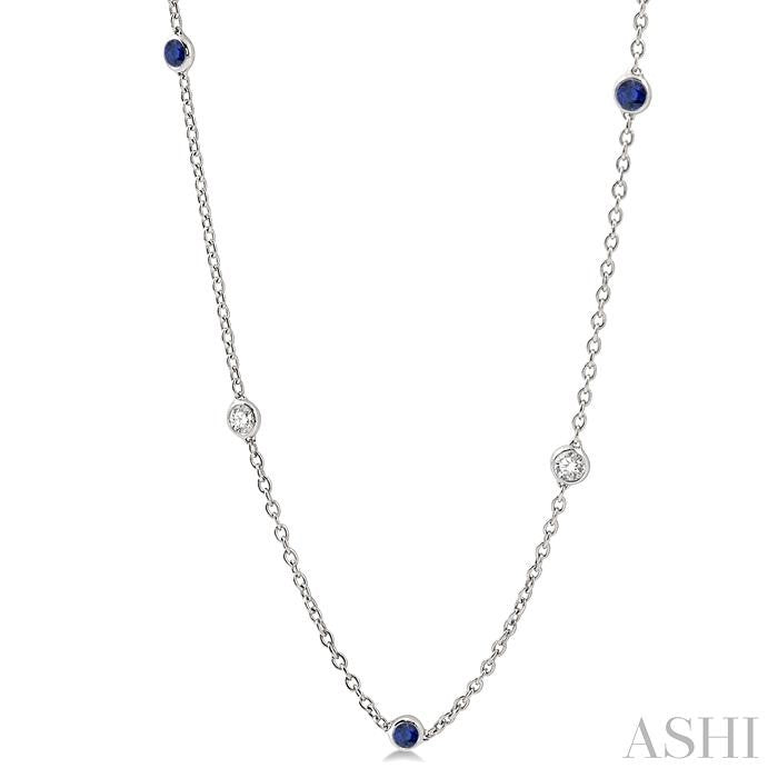 2.85 MM Sapphire and 1/2 Ctw Round Cut Diamond Precious Station Necklace in 14K White Gold