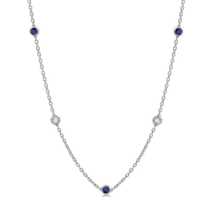 2.85 MM Sapphire and 1/2 Ctw Round Cut Diamond Precious Station Necklace in 14K White Gold