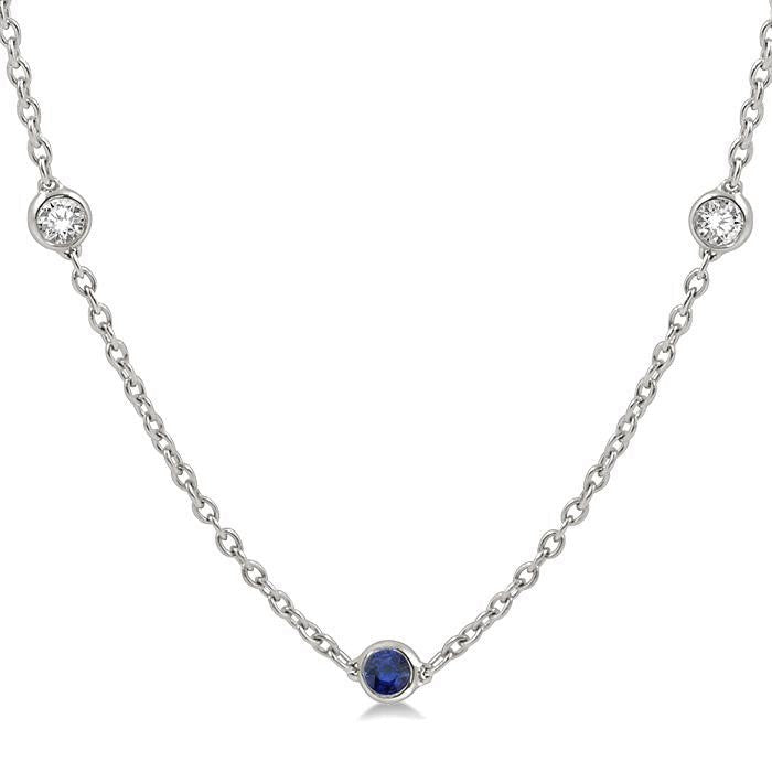 2.85 MM Sapphire and 1/2 Ctw Round Cut Diamond Precious Station Necklace in 14K White Gold