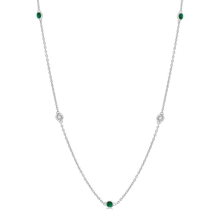 2.25 MM Emerald and 1/4 Ctw Round Cut Diamond Precious Station Necklace in 14K White Gold