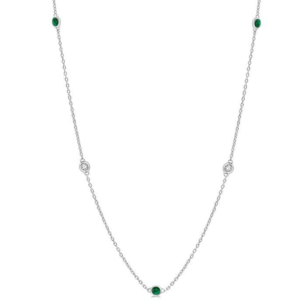 2.25 MM Emerald and 1/4 Ctw Round Cut Diamond Precious Station Necklace in 14K White Gold