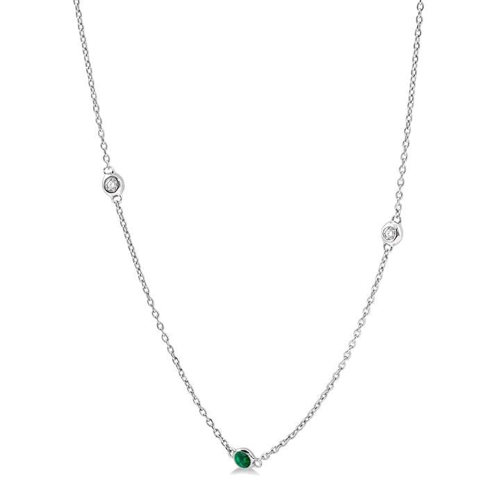2.25 MM Emerald and 1/4 Ctw Round Cut Diamond Precious Station Necklace in 14K White Gold