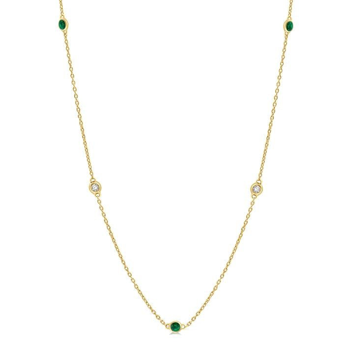 2.25 MM Emerald and 1/4 Ctw Round Cut Diamond Precious Station Necklace in 14K Yellow Gold