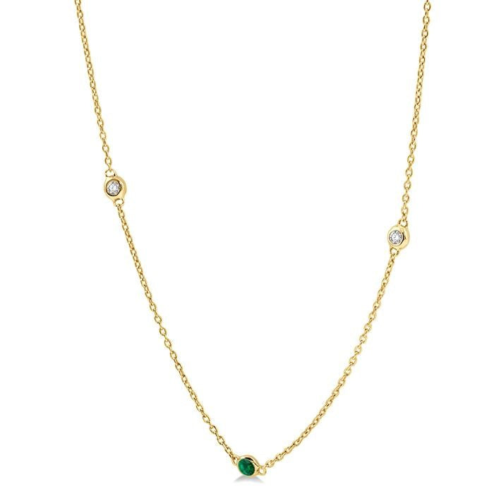 2.25 MM Emerald and 1/4 Ctw Round Cut Diamond Precious Station Necklace in 14K Yellow Gold