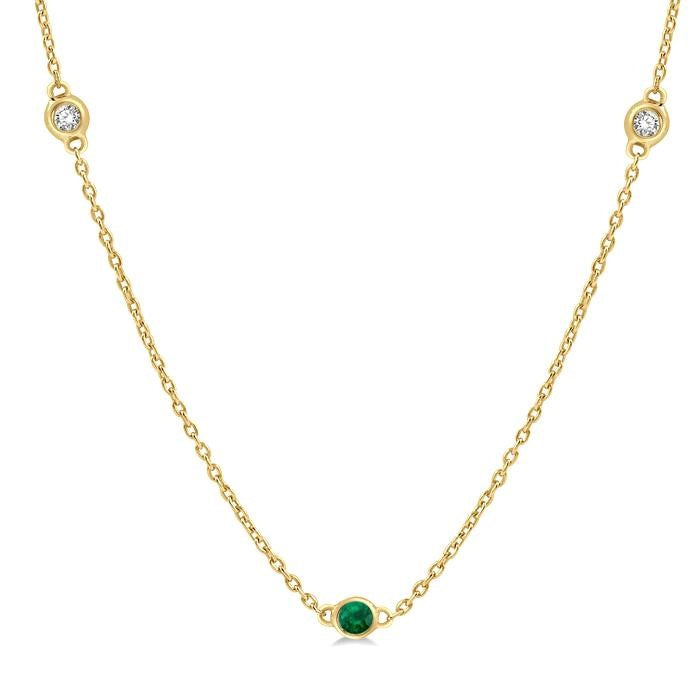 2.25 MM Emerald and 1/4 Ctw Round Cut Diamond Precious Station Necklace in 14K Yellow Gold