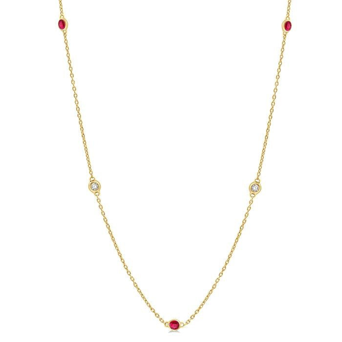 2.25 MM Ruby and 1/4 Ctw Round Cut Diamond Precious Station Necklace in 14K Yellow Gold